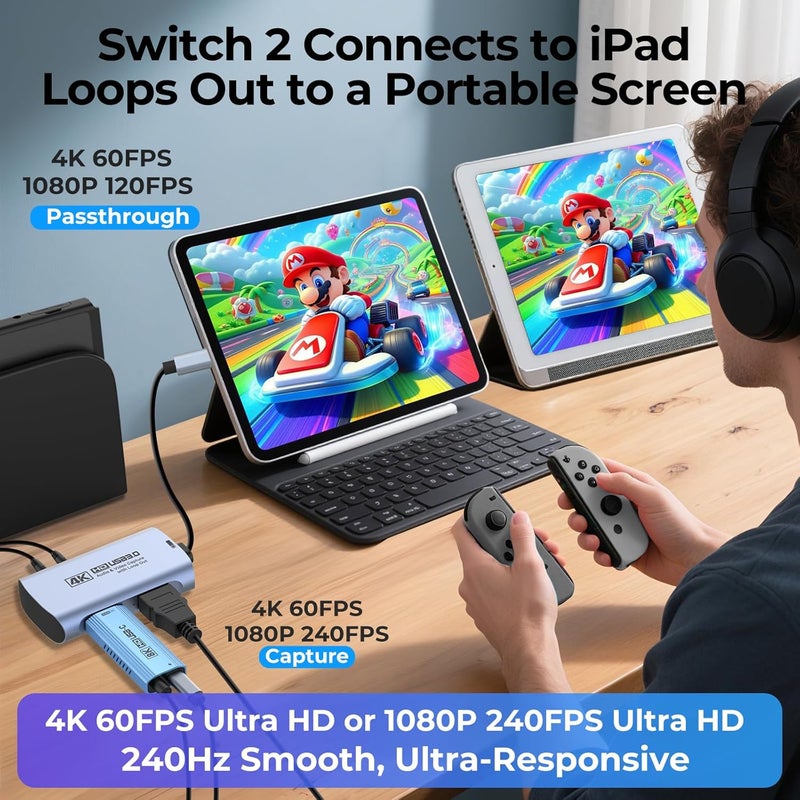 Guermok 4K@60FPS Capture Card for Streaming & Recording, 1080P@240FPS, USB 3.0 HDMI Camera Video Capture, 4K60 Passthrough, 3.5mm Audio in & Mic Out, Works with Switch 2/1, PS5/4, Xbox, Pad, Mac, PC - Image 5